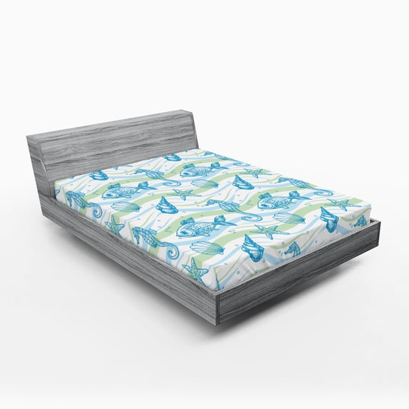 Ambesonne Nautical Fitted Sheet, Ocean Shell Starfish, Queen Size, Mint Blue