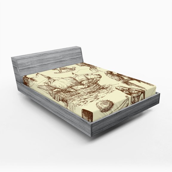 Ambesonne Nautical Fitted Sheet, Old Merchant Ship, Full Size, Pale Yellow Brown