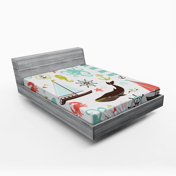 Ambesonne Nautical Fitted Sheet, Pastel Marine Elements, Queen Size, Multicolor