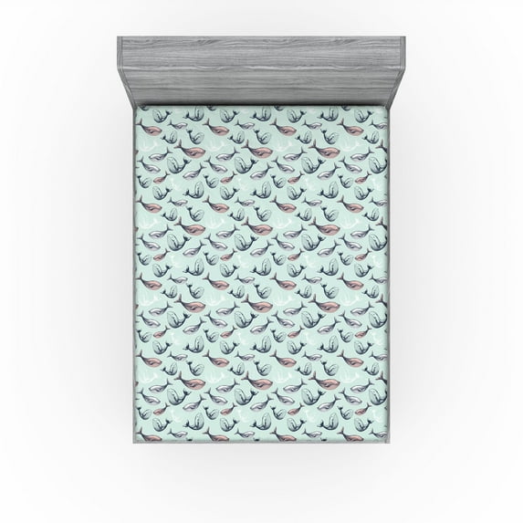 Ambesonne Nautical Fitted Sheet, Pastel Sketchy Whales Art, King Size, Mint Green Indigo and Rose
