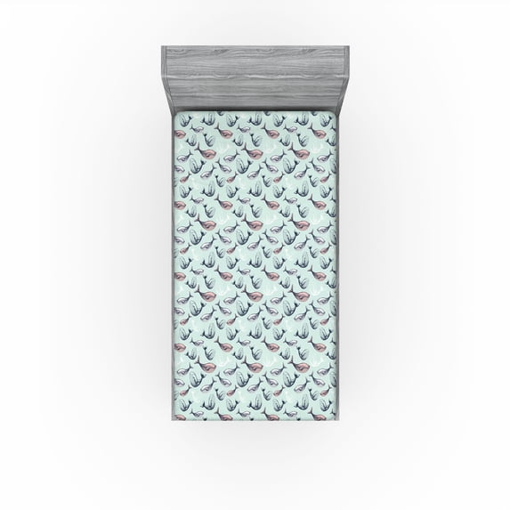 Ambesonne Nautical Fitted Sheet, Pastel Sketchy Whales Art, Twin Size, Mint Green Indigo and Rose