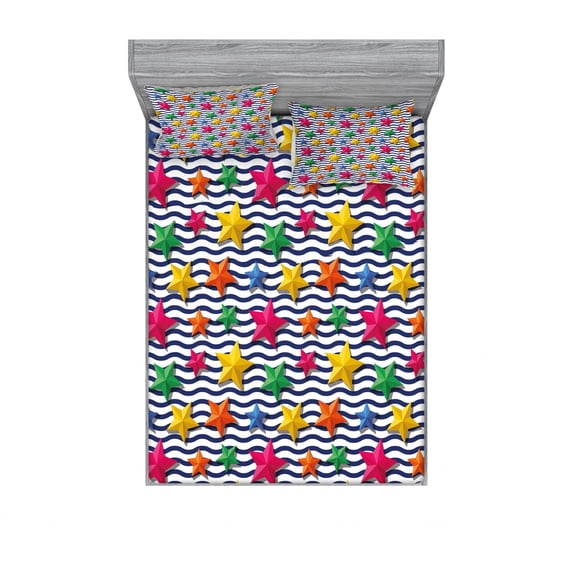 Ambesonne Nautical Fitted Sheet & Pillow Sham Set, 3D Stars Wavy Stripes, Full, Multicolor
