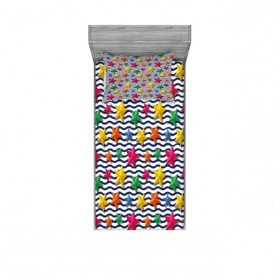 Ambesonne Nautical Fitted Sheet & Pillow Sham Set, 3D Stars Wavy Stripes, Twin, Multicolor