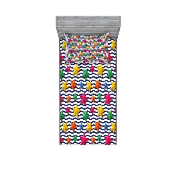 Ambesonne Nautical Fitted Sheet & Pillow Sham Set, 3D Stars Wavy Stripes, Twin, Multicolor