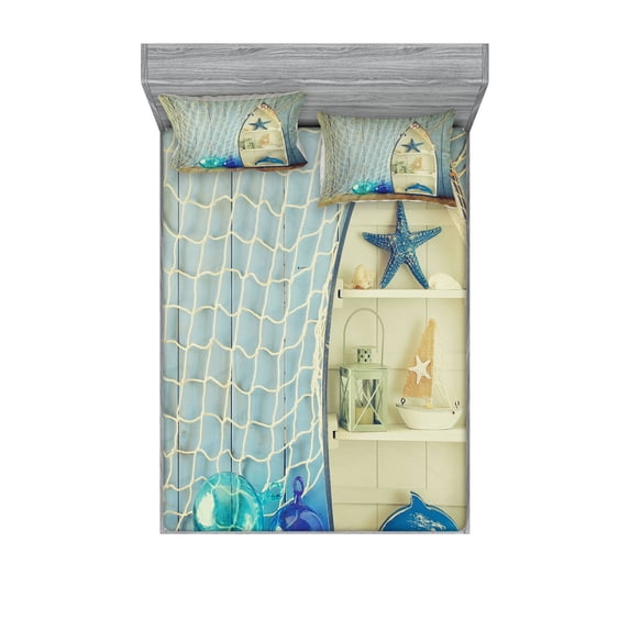 Ambesonne Nautical Fitted Sheet & Pillow Sham Set, Aquatic Objects Boats, Full, Blue Beige
