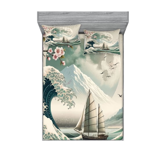 Ambesonne Nautical Fitted Sheet & Pillow Sham Set, Asian Wave Cherry Blossom, Queen, Seafoam Coconut Pink