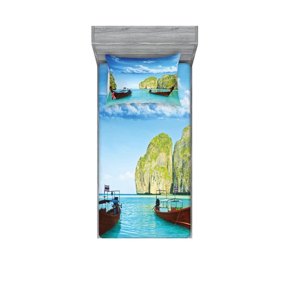 Ambesonne Nautical Fitted Sheet & Pillow Sham Set, Boat Maya Bay Thailand, Twinxl, Multicolor