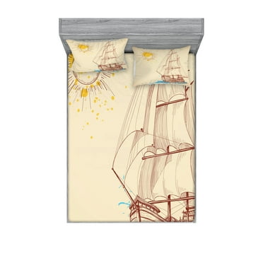 Ambesonne Nautical Fitted Sheet & Pillow Sham Set, Boat in Windy Sea Sun, Full, Cream Brown