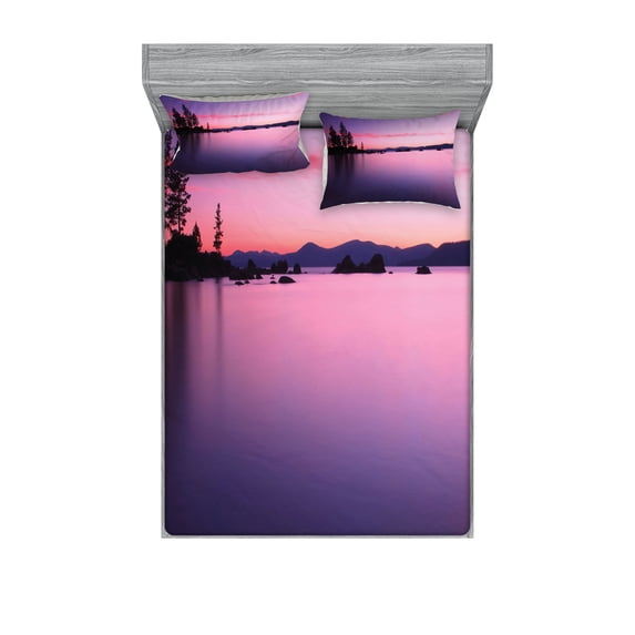 Ambesonne Nautical Fitted Sheet & Pillow Sham Set, Calm Lake Tahoe, Queen, Purple