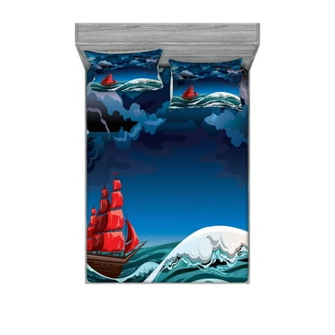 Ambesonne Nautical Fitted Sheet & Pillow Sham Set, Cartoon Ship on Waves, Queen, Blue Orange Plum
