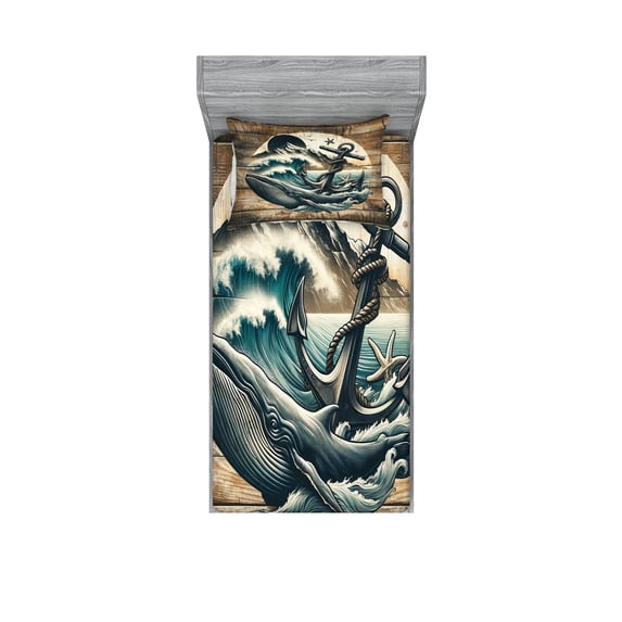 Ambesonne Nautical Fitted Sheet & Pillow Sham Set, Cottage Anchor Whale Waves, Twin, Brown and Slate Blue
