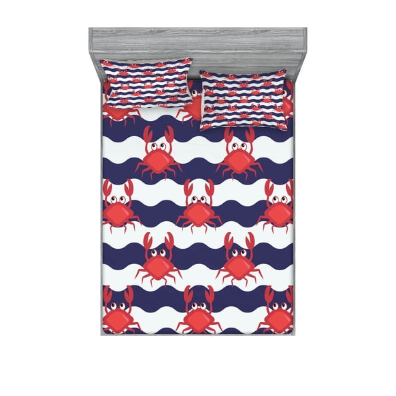 Ambesonne Nautical Fitted Sheet & Pillow Sham Set, Crabs on Striped, Queen, Red and Navy Blue