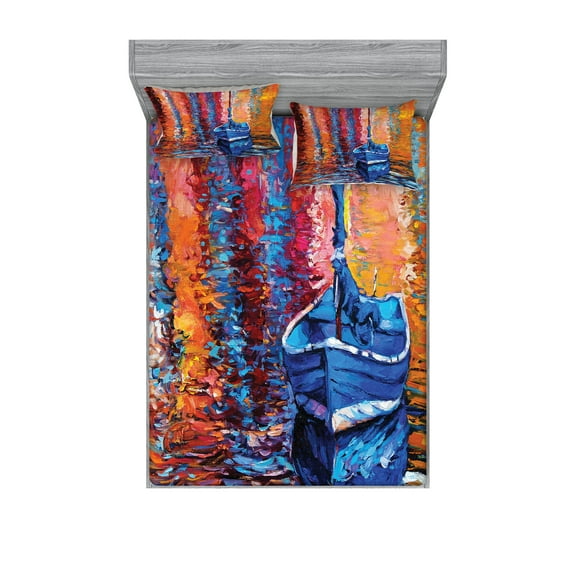 Ambesonne Nautical Fitted Sheet & Pillow Sham Set, Dark Sea Fishing Boat, Full, Multicolor