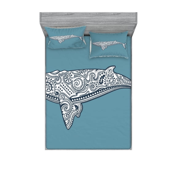 Ambesonne Nautical Fitted Sheet & Pillow Sham Set, Embellish Whale, Full, Slate Blue and White