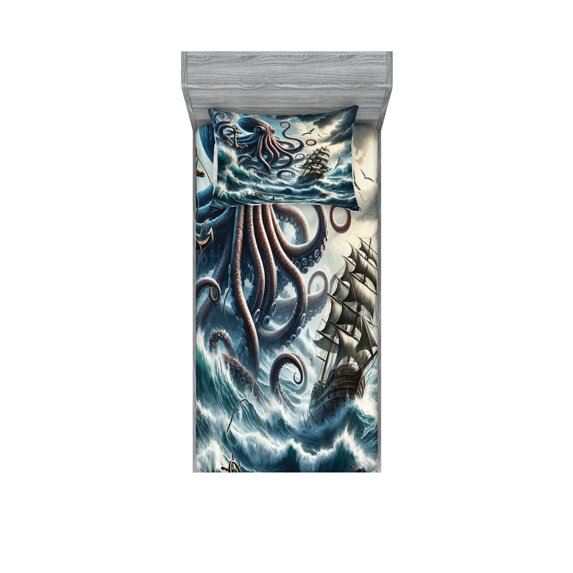 Ambesonne Nautical Fitted Sheet & Pillow Sham Set, Fantasy Sea World Kraken, Twinxl, Teal Mauve
