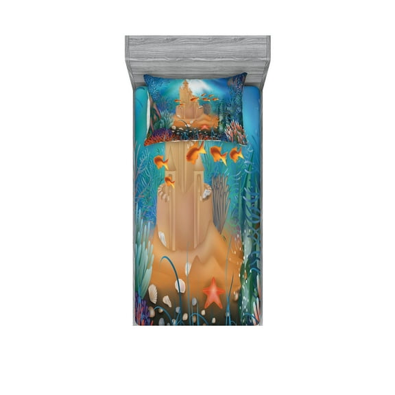 Ambesonne Nautical Fitted Sheet & Pillow Sham Set, Fish Corals and Castle, Twin, Multicolor