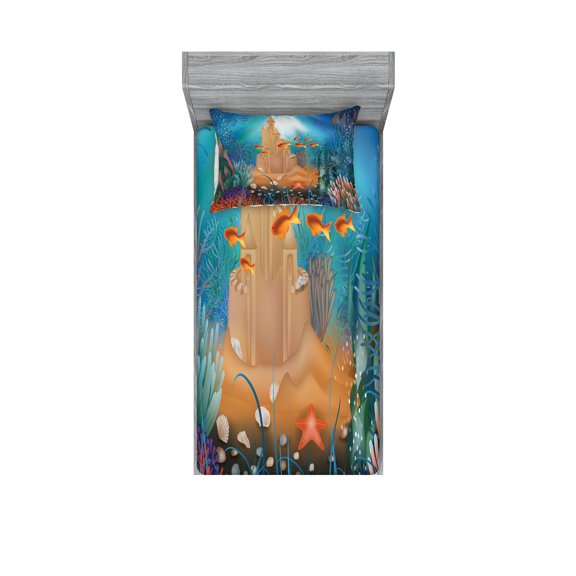 Ambesonne Nautical Fitted Sheet & Pillow Sham Set, Fish Corals and Castle, Twinxl, Multicolor