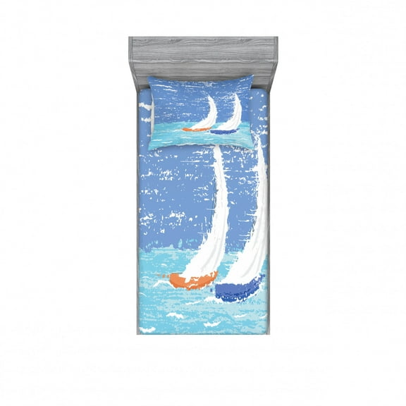 Ambesonne Nautical Fitted Sheet & Pillow Sham Set, Grunge Sailboats Ocean, Twin, Pale Blue