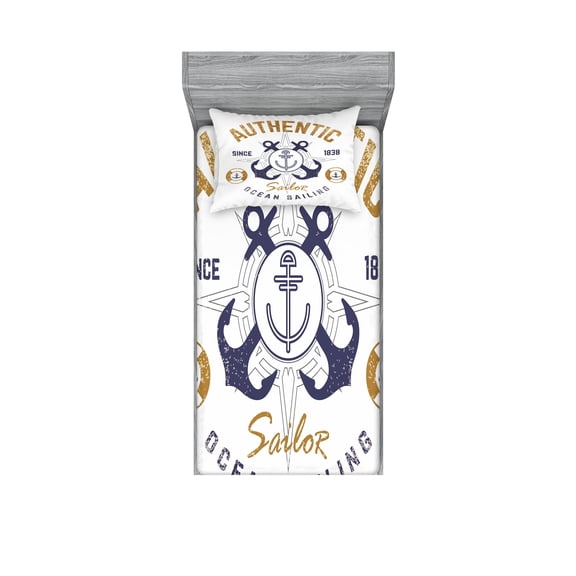 Ambesonne Nautical Fitted Sheet & Pillow Sham Set, Lifeboy Rudder Captain, Twin, Pale Brown Blue White