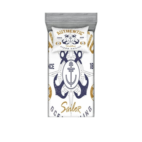 Ambesonne Nautical Fitted Sheet & Pillow Sham Set, Lifeboy Rudder Captain, Twin, Pale Brown Blue White