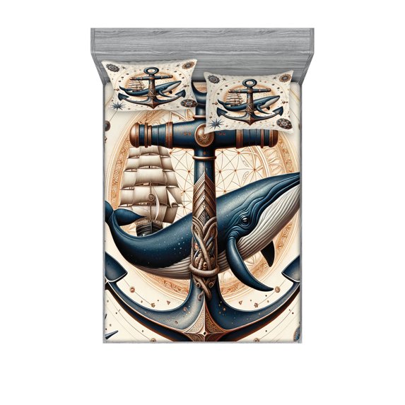 Ambesonne Nautical Fitted Sheet & Pillow Sham Set, Mandala Astronomy Marine, Queen, Dark Teal Redwood Ivory