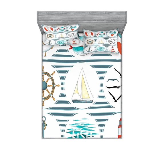 Ambesonne Nautical Fitted Sheet & Pillow Sham Set, Marine Collage, Full, White Red Blue