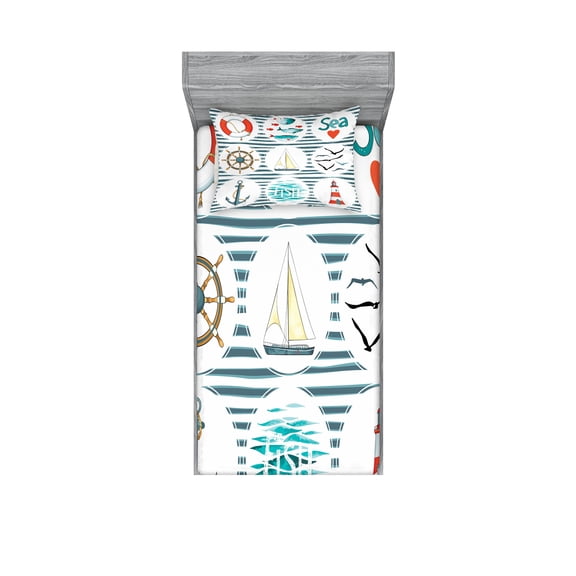 Ambesonne Nautical Fitted Sheet & Pillow Sham Set, Marine Collage, Twin, White Red Blue