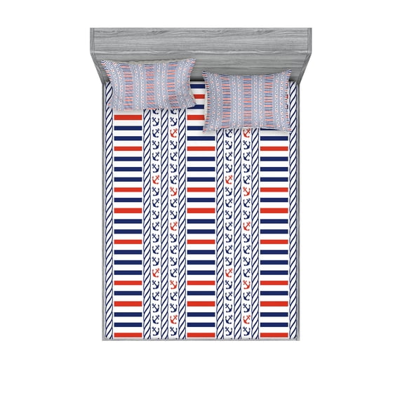 Ambesonne Nautical Fitted Sheet & Pillow Sham Set, Marine Pattern Stripes, Queen, Night Blue Orange