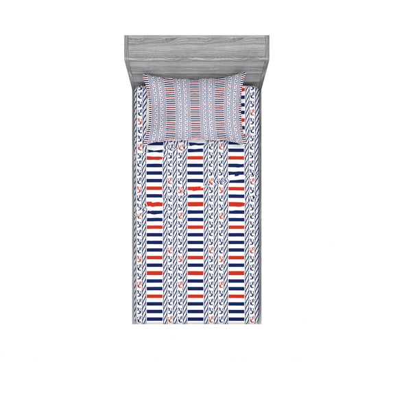 Ambesonne Nautical Fitted Sheet & Pillow Sham Set, Marine Pattern Stripes, Twin, Night Blue Orange