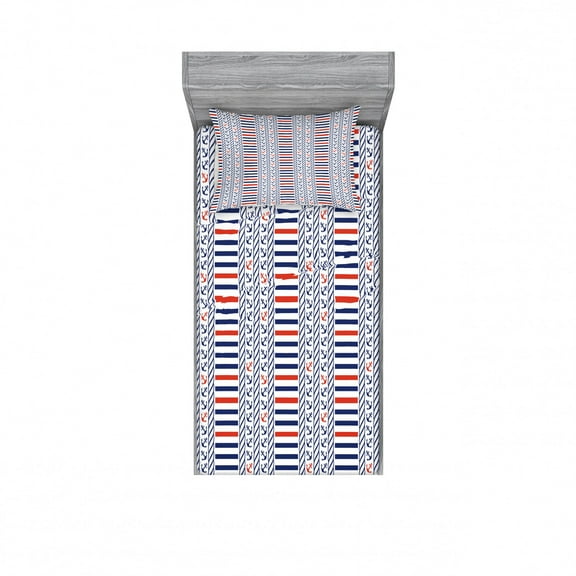Ambesonne Nautical Fitted Sheet & Pillow Sham Set, Marine Pattern Stripes, Twinxl, Night Blue Orange