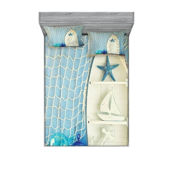 Ambesonne Nautical Fitted Sheet & Pillow Sham Set, Marine Starfish, King, Blue White