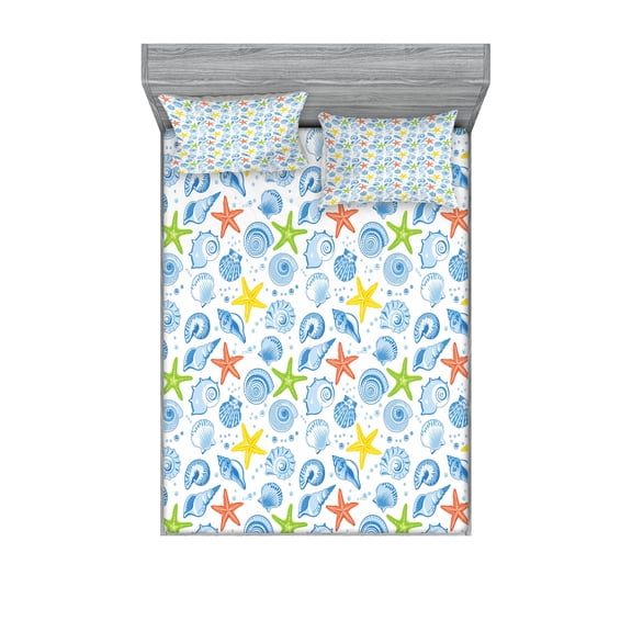 Ambesonne Nautical Fitted Sheet & Pillow Sham Set, Marine Themed Starfish, Full, Blue and Yellow