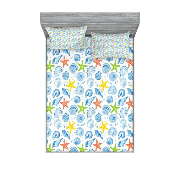Ambesonne Nautical Fitted Sheet & Pillow Sham Set, Marine Themed Starfish, Queen, Blue and Yellow