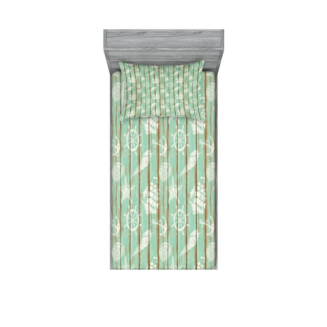 Ambesonne Nautical Fitted Sheet & Pillow Sham Set, Mint Seashell Sailing, Twin, Mint Green