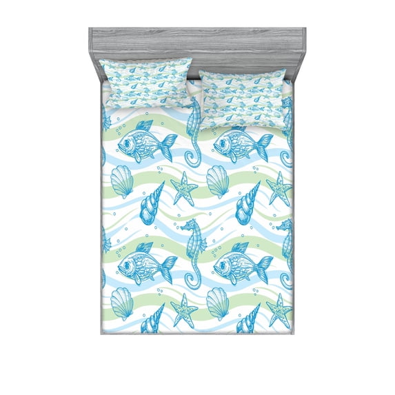 Ambesonne Nautical Fitted Sheet & Pillow Sham Set, Ocean Shell Starfish, Full, Mint Blue