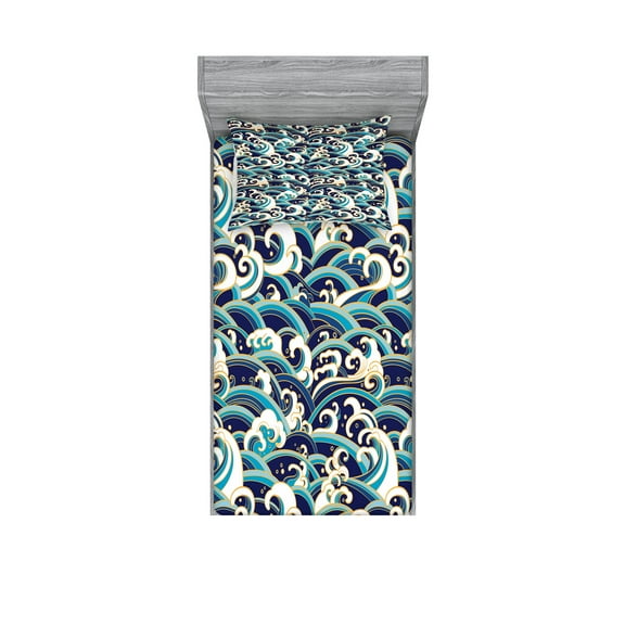 Ambesonne Nautical Fitted Sheet & Pillow Sham Set, Ocean Waves Pattern, Twinxl, Blue and White