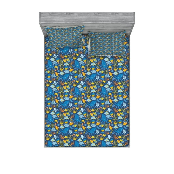 Ambesonne Nautical Fitted Sheet & Pillow Sham Set, Octopus Fish Corals, Queen, Multicolor