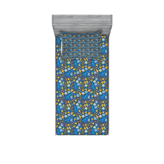 Ambesonne Nautical Fitted Sheet & Pillow Sham Set, Octopus Fish Corals, Twinxl, Multicolor