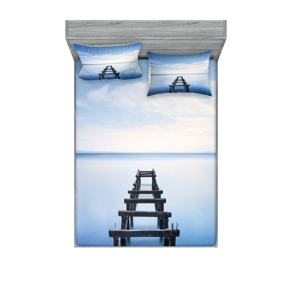 Ambesonne Nautical Fitted Sheet & Pillow Sham Set, Old Jetty Blue Sky, Full, Blue White Brown