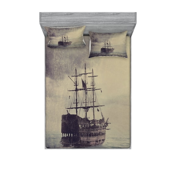 Ambesonne Nautical Fitted Sheet & Pillow Sham Set, Old Pirate Ship in Sea, Queen, Plum Tan