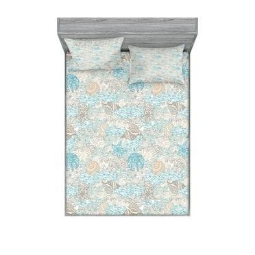 Ambesonne Nautical Fitted Sheet & Pillow Sham Set, Pastel Toned Seashells, Full, Tan Turquoise White
