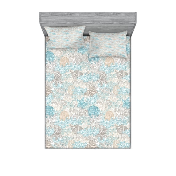 Ambesonne Nautical Fitted Sheet & Pillow Sham Set, Pastel Toned Seashells, Queen, Tan Turquoise White