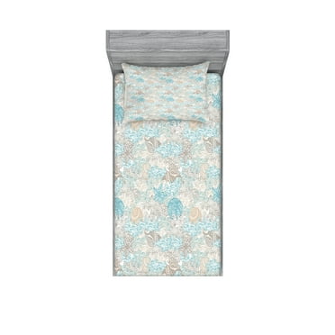 Ambesonne Nautical Fitted Sheet & Pillow Sham Set, Pastel Toned Seashells, Twin, Tan Turquoise White