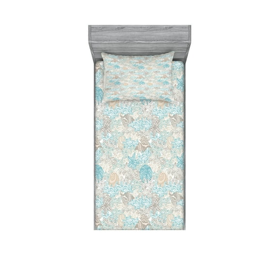 Ambesonne Nautical Fitted Sheet & Pillow Sham Set, Pastel Toned Seashells, Twin, Tan Turquoise White