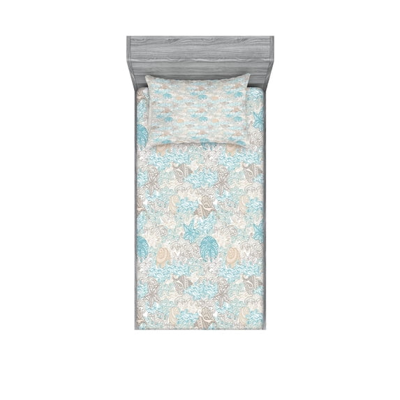 Ambesonne Nautical Fitted Sheet & Pillow Sham Set, Pastel Toned Seashells, Twin, Tan Turquoise White