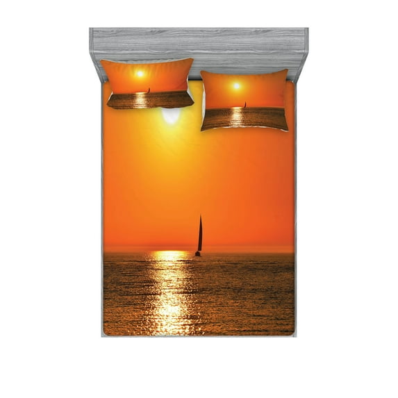 Ambesonne Nautical Fitted Sheet & Pillow Sham Set, Sailboat Sea Sunrise, Queen, Orange