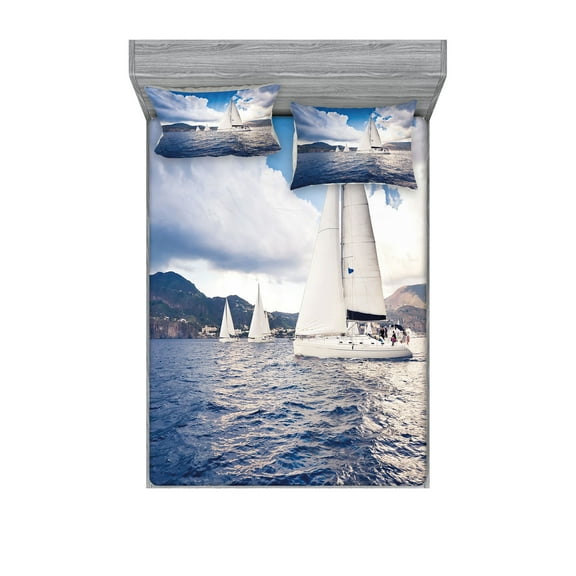 Ambesonne Nautical Fitted Sheet & Pillow Sham Set, Sailing Boat on Sea, Full, Blue and White