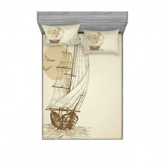 Ambesonne Nautical Fitted Sheet & Pillow Sham Set, Sailing Ship Birds Sun, Queen, Tan Brown