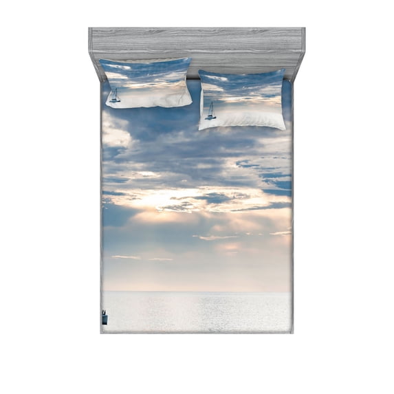 Ambesonne Nautical Fitted Sheet & Pillow Sham Set, Sailing Yacht Sunset, Calking, Blue