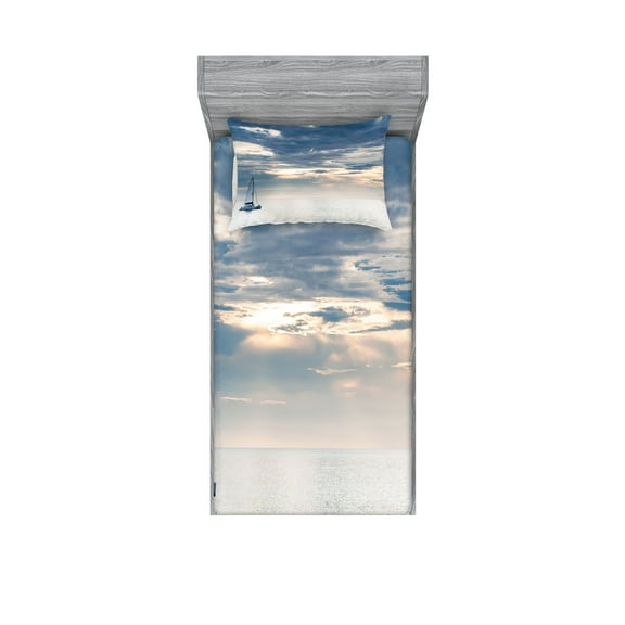 Ambesonne Nautical Fitted Sheet & Pillow Sham Set, Sailing Yacht Sunset, Twinxl, Blue